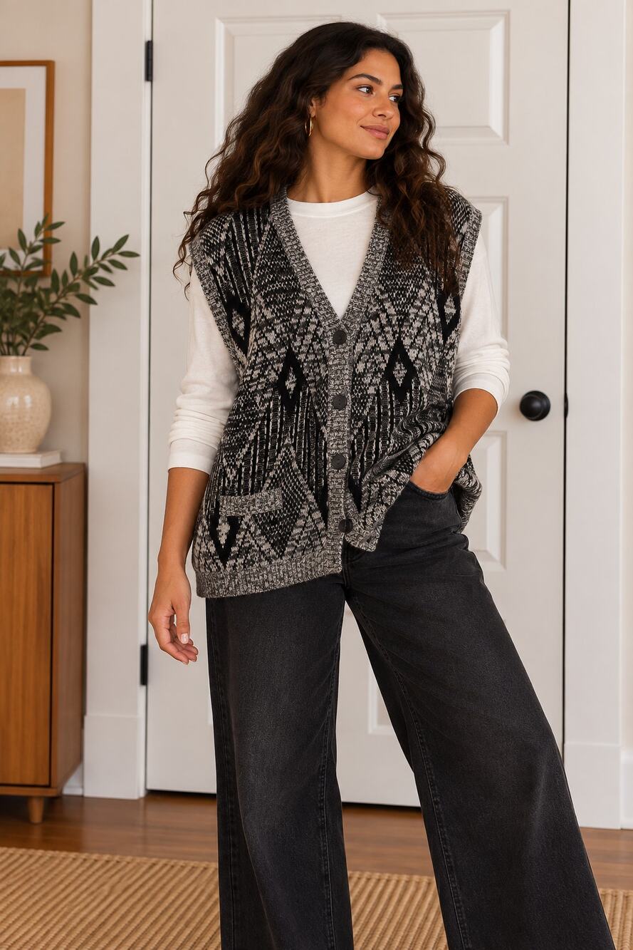 Vintage Black Gray Graphic Knit Sweater Vest L Oversized Grandpa Cardigan ✨